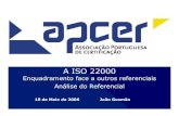 A ISO 22000 - apcer.pt · João Gusmão NP 4397 ISO 14001 IS0 9001:2000 Enquadramento face a com outros referenciais CAC/RCP1 Rev4 -2003 DS 3027 E 2002 NP ISO 15161 ISO 22000:2005
