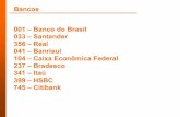 Bancos 001 - Banco do Brasil 033 - Santander 041 ... · 001 - Banco do Brasil FORMATO PADRÃO Conta corrente Até 8 algarismos + 1 dígito Comp Banco 001 f.— «— Agéncla DV Cl