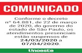 COMUNICADO - Unoeste · COMUNICADO Conforme o decreto nº 64.881, de 22 de março de 2020, do governo do estado de São Paulo, os atendimentos presenciais estão suspensos de