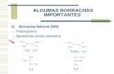 ALGUMAS BORRACHAS IMPORTANTES 1)Borracha Natural (NR) Poliisopreno Apresenta vrios is´meros Cis - 1,4 Trans - 1,4 1,2 3,4